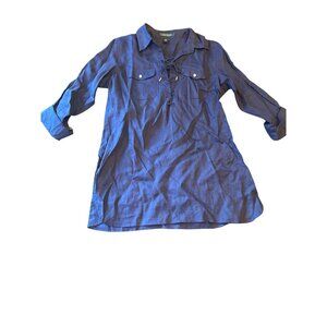 Lauren Ralph Lauren Womens Navy Blue  Linen Lace-Up Tunic Roll Tab Sleeves Med